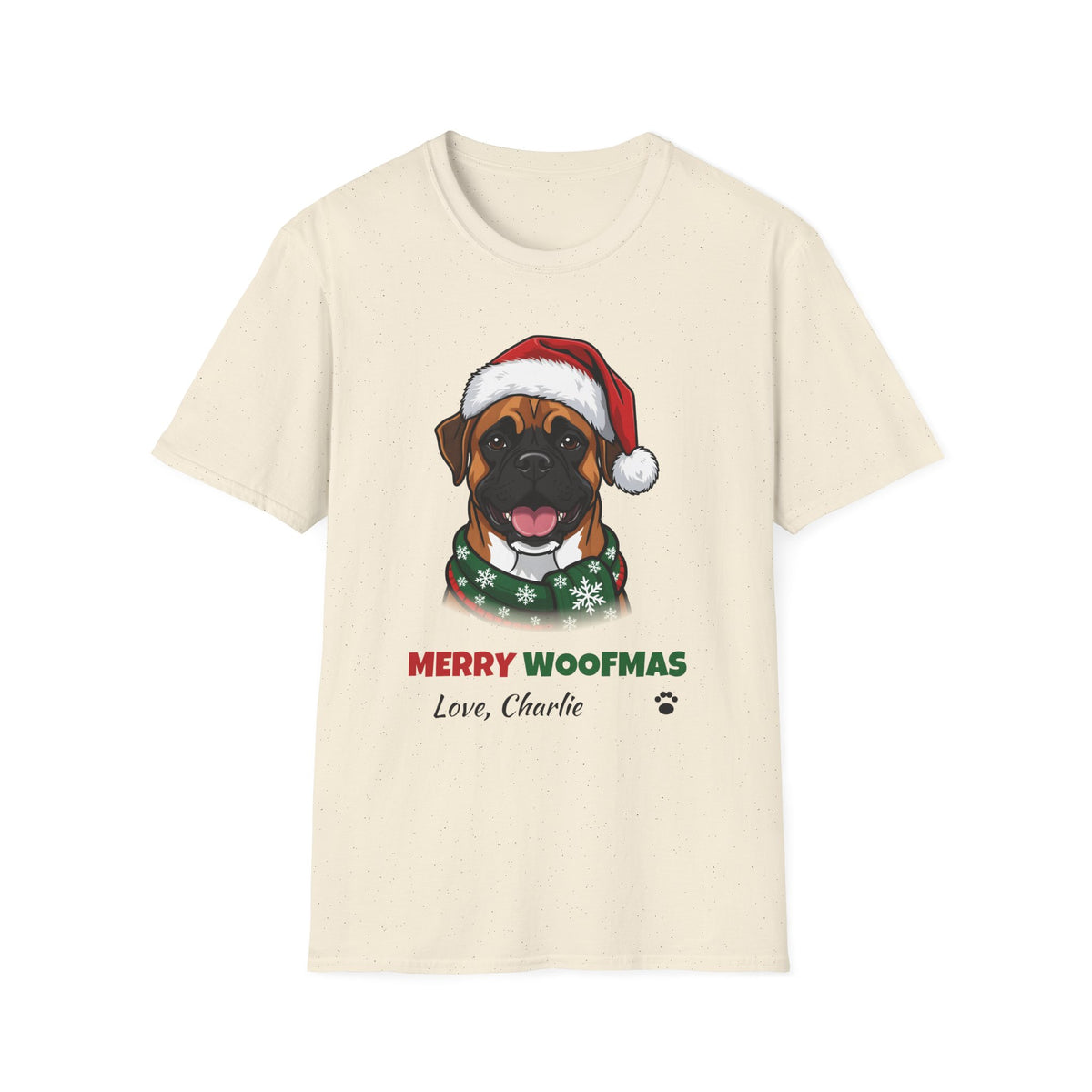 Merry Woofmas Boxer Christmas t-shirt in Natural, front view