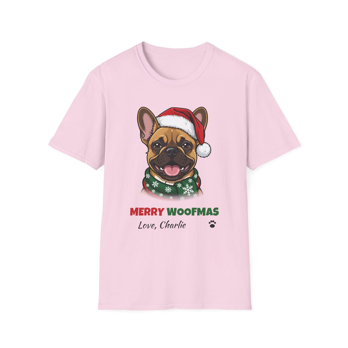 Merry Woofmas French Bulldog Christmas t-shirt in Light Pink, front view