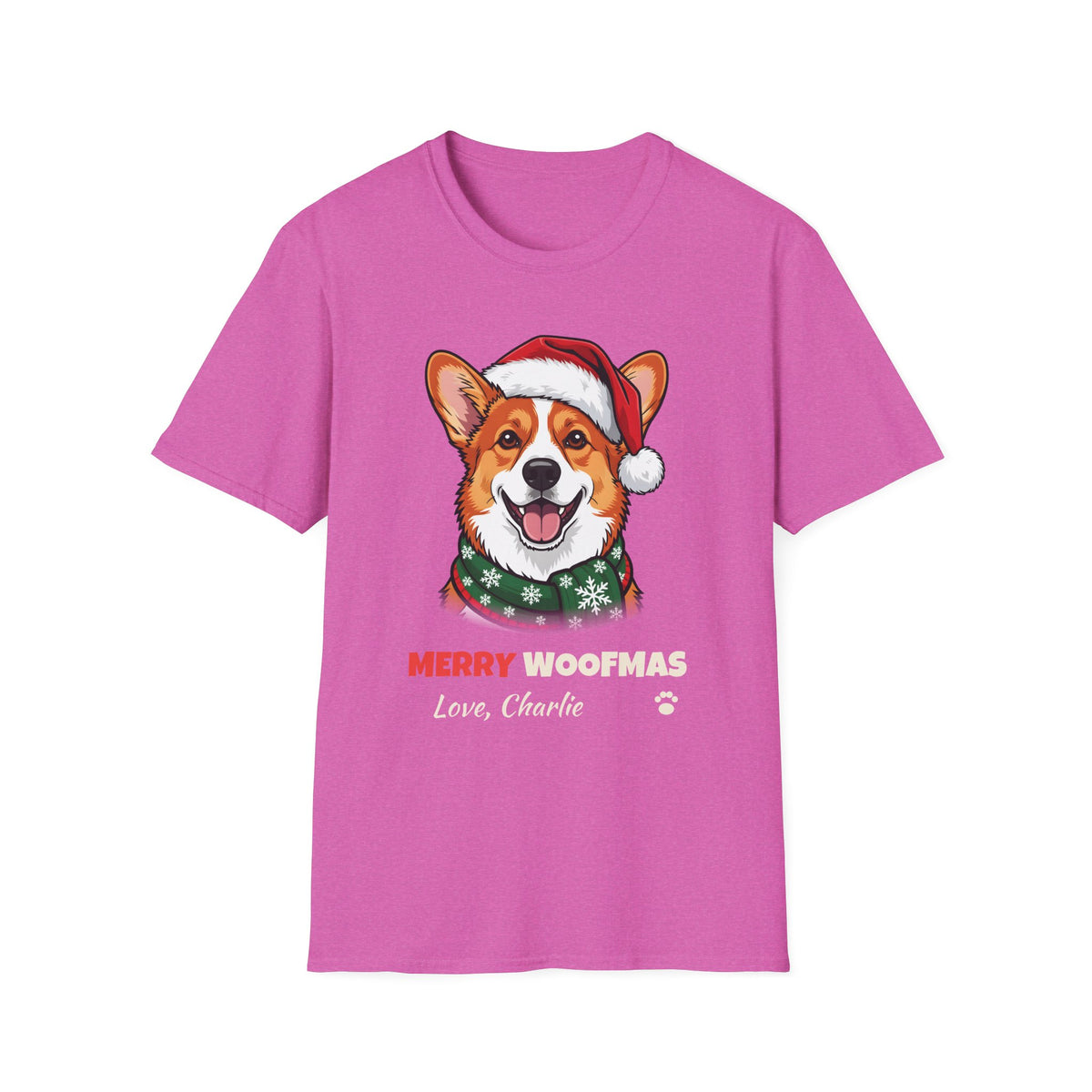 Merry Woofmas Corgi Christmas t-shirt in Heather Berry, front view