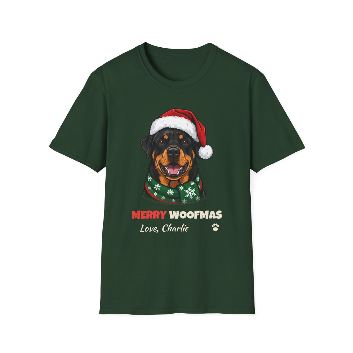 Merry Woofmas Rottweiler Christmas t-shirt in Forest Green, front view