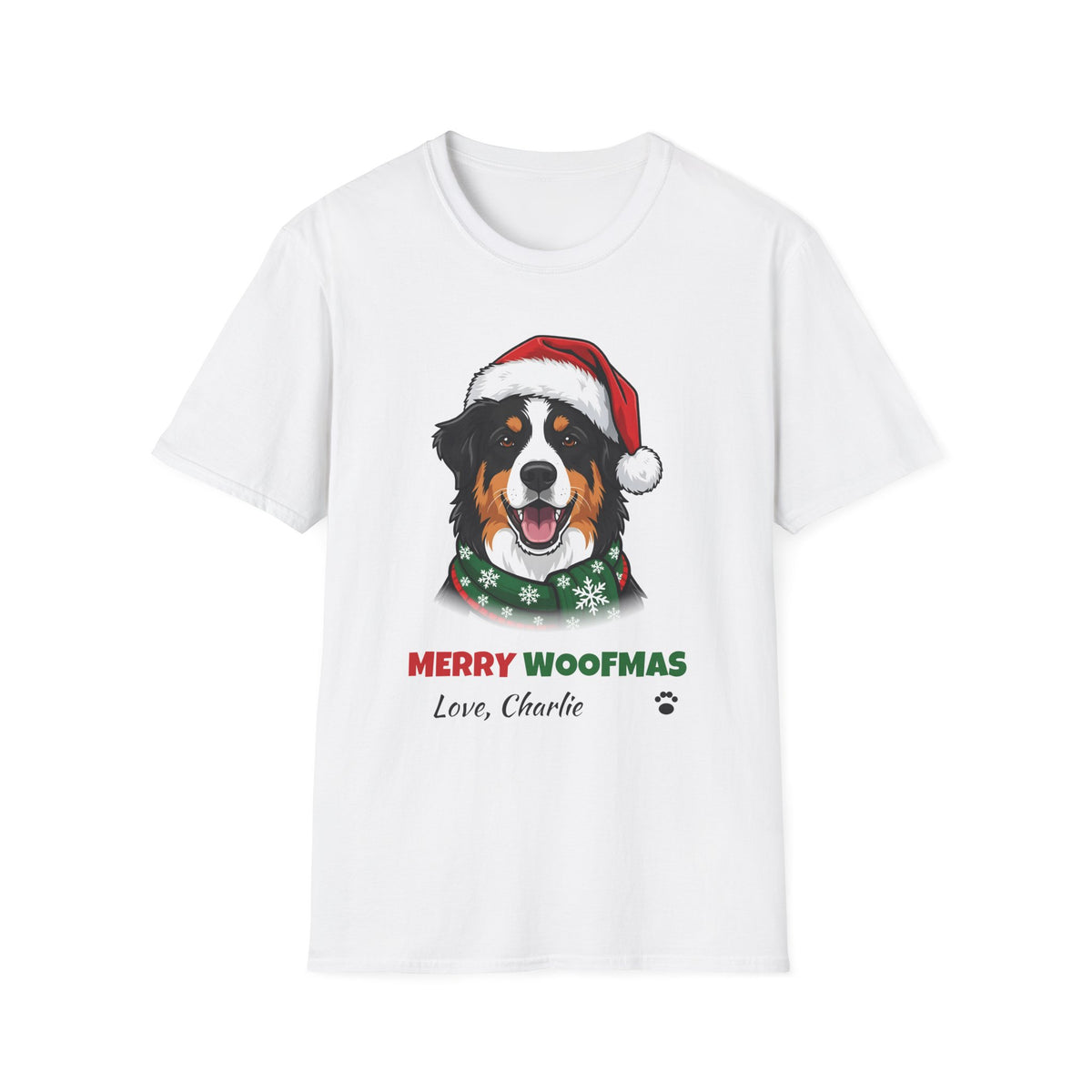 Merry Woofmas Australian Shepherd Christmas t-shirt in White, front view