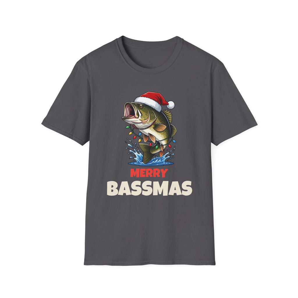 Merry Bassmas Christmas t-shirt in Charcoal, front view
