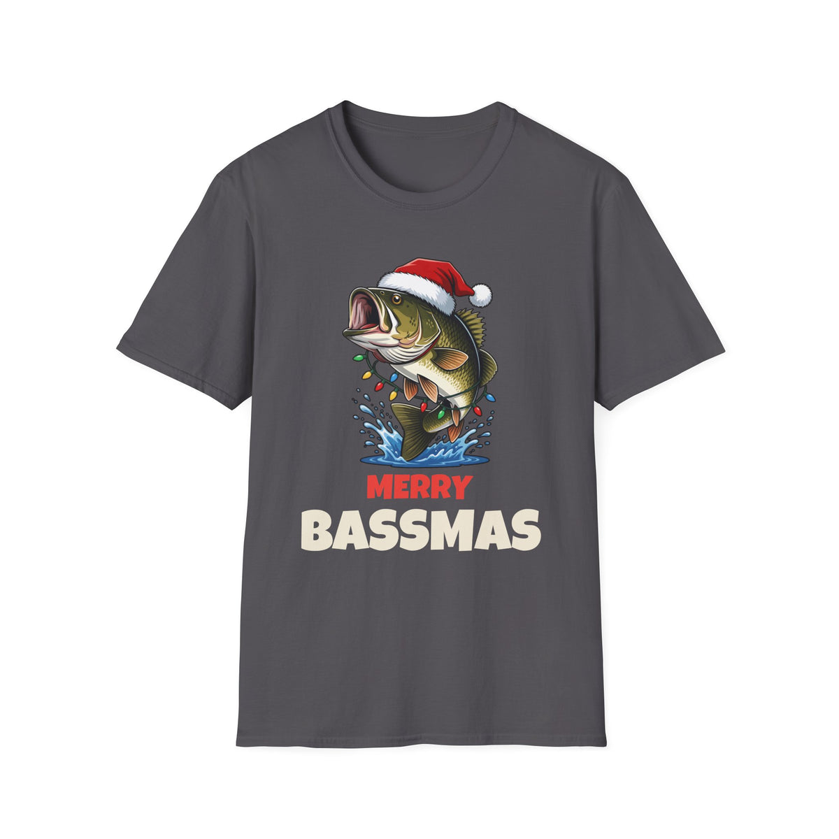 Merry Bassmas Christmas t-shirt in Charcoal, front view
