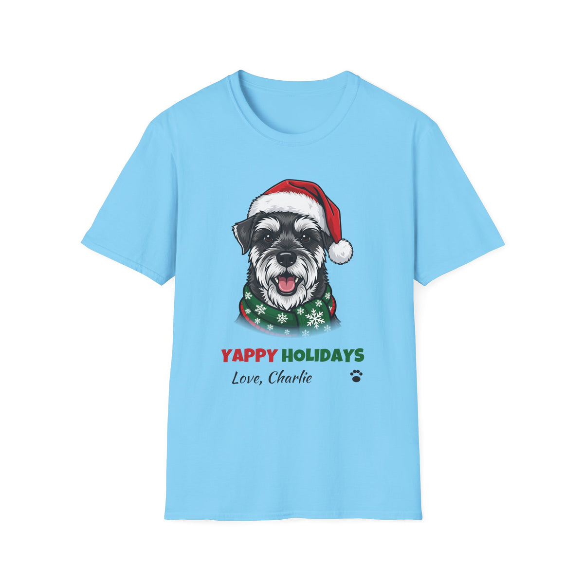 Yappy Holidays Miniature Schnauzer Christmas t-shirt in Sky, front view