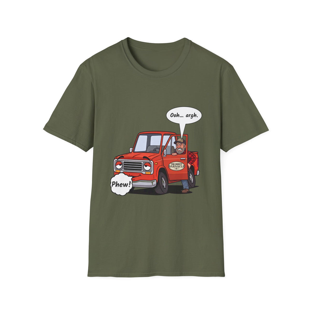 Tired Truck Phew t-shirt in Military Green, front view