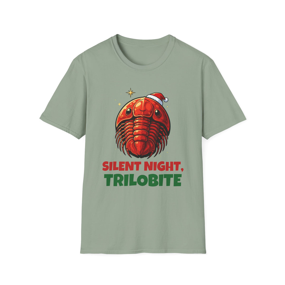 Silent Night, Trilobite Christmas t-shirt in Sage, front view
