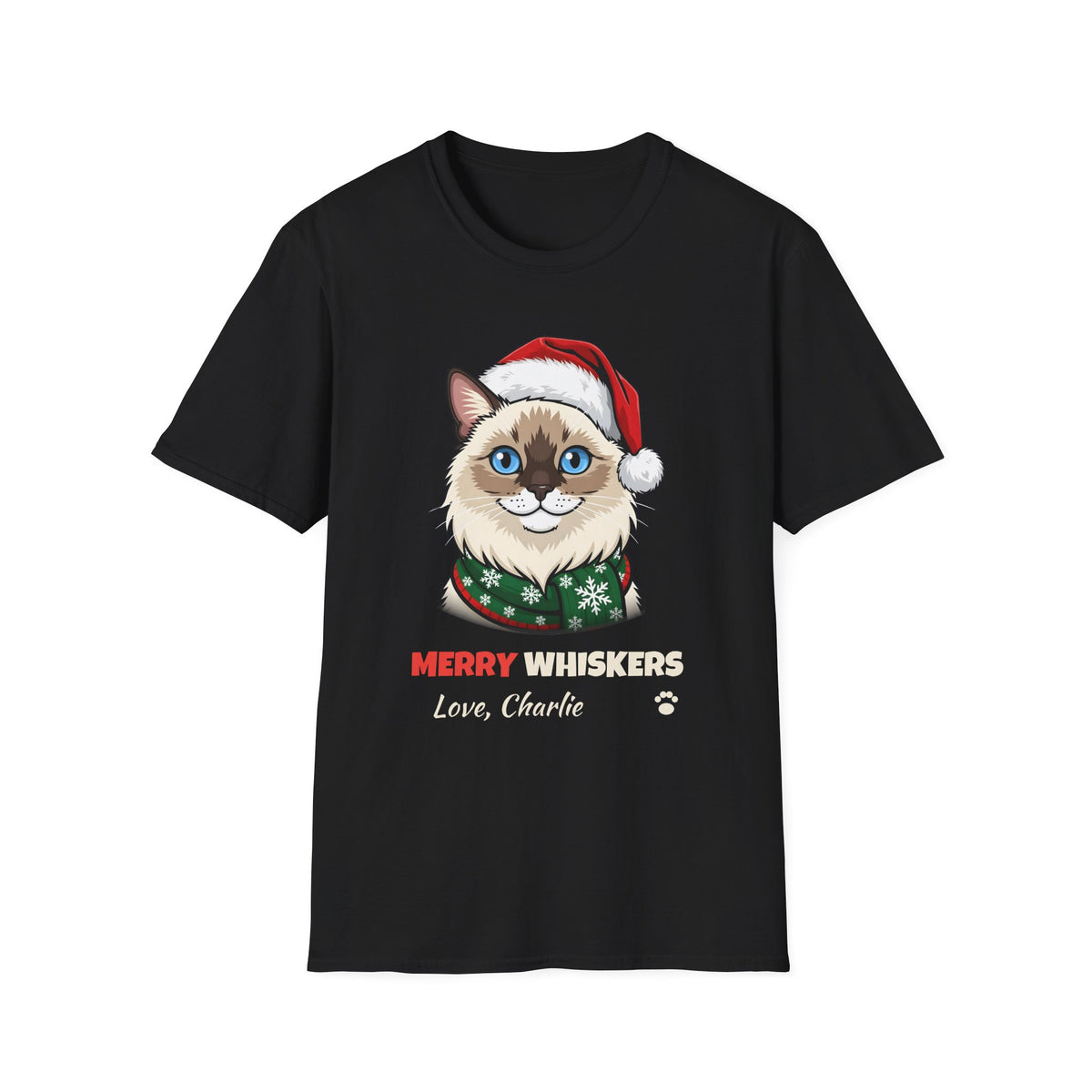 Merry Whiskers Ragdoll Cat Christmas t-shirt in Black, front view