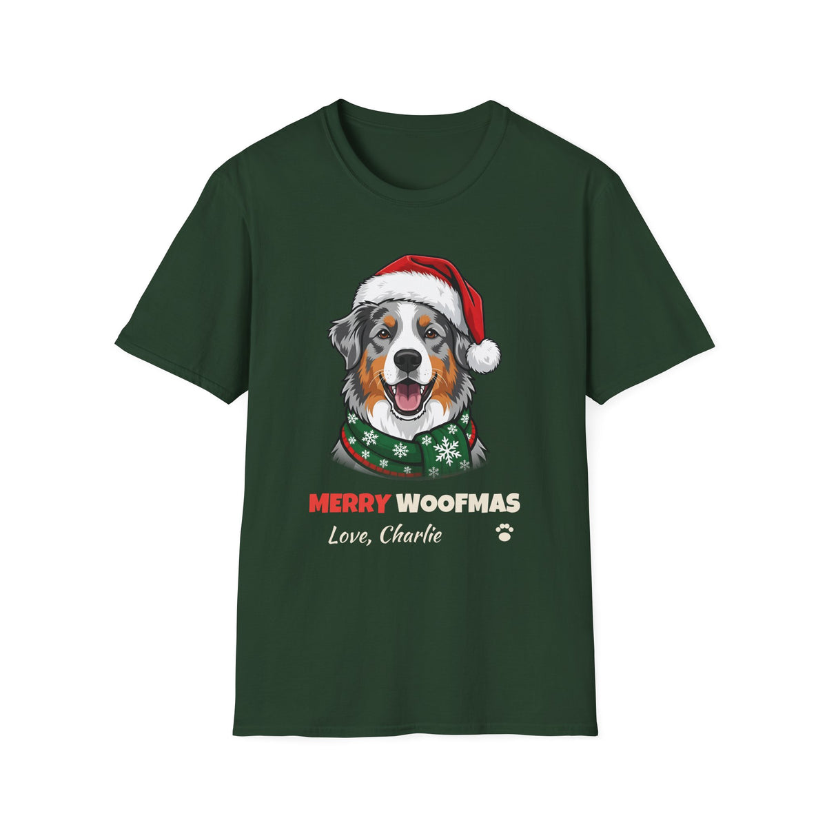 Merry Woofmas Blue Merle Australian Shepherd Christmas t-shirt in Forest Green, front view