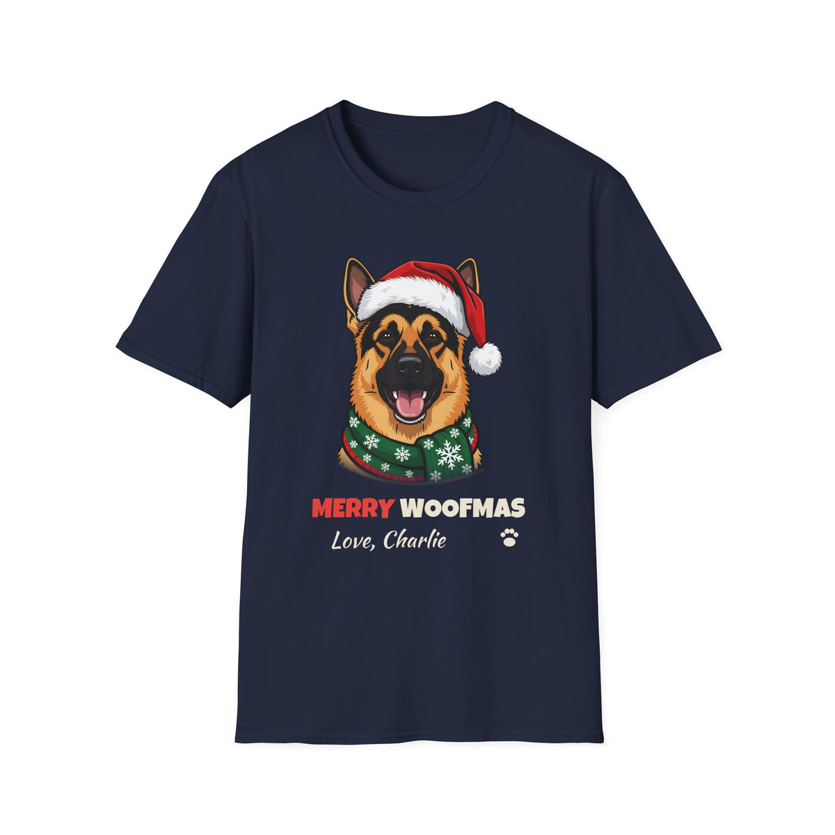 Merry Woofmas German Shepherd Christmas t-shirt in Navy, front view