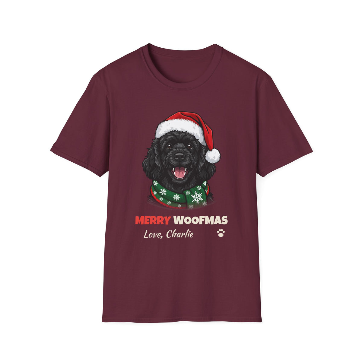 Merry Woofmas Cavapoo Christmas t-shirt in Maroon, front view