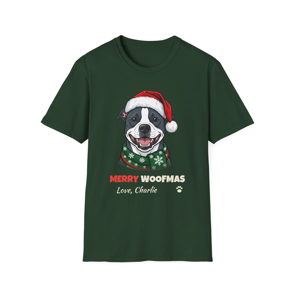 Merry Woofmas Blue Pit Bull Christmas t-shirt in Forest Green, front view