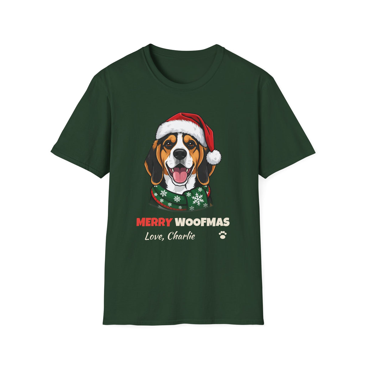 Merry Woofmas Beagle Christmas t-shirt in Forest Green, front view