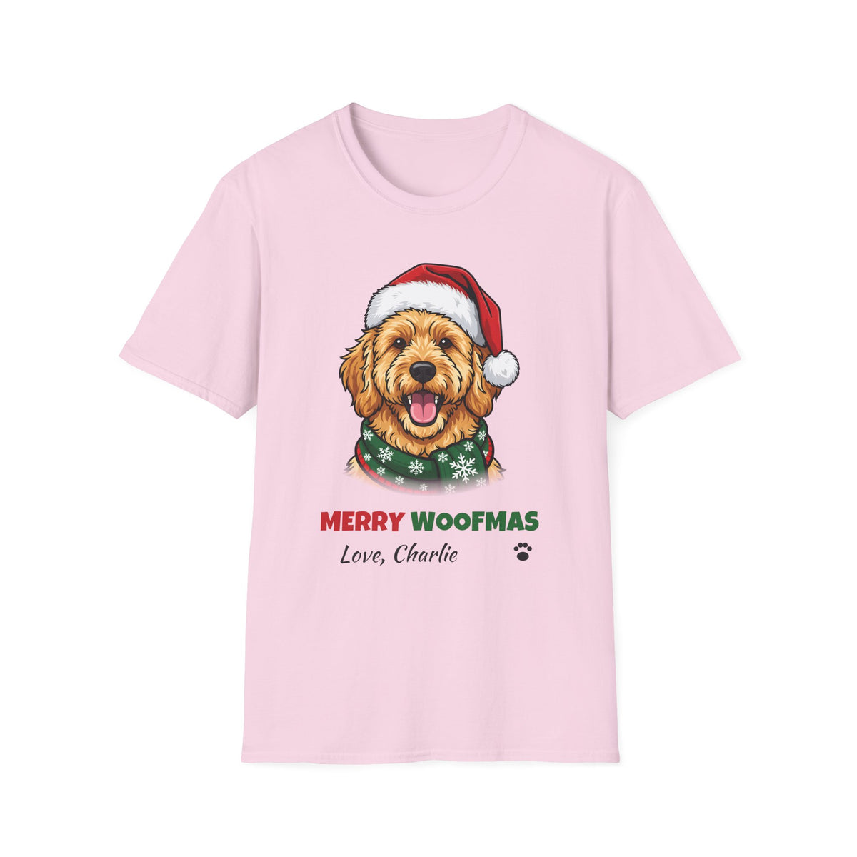 Merry Woofmas Goldendoodle Christmas t-shirt in Light Pink, front view