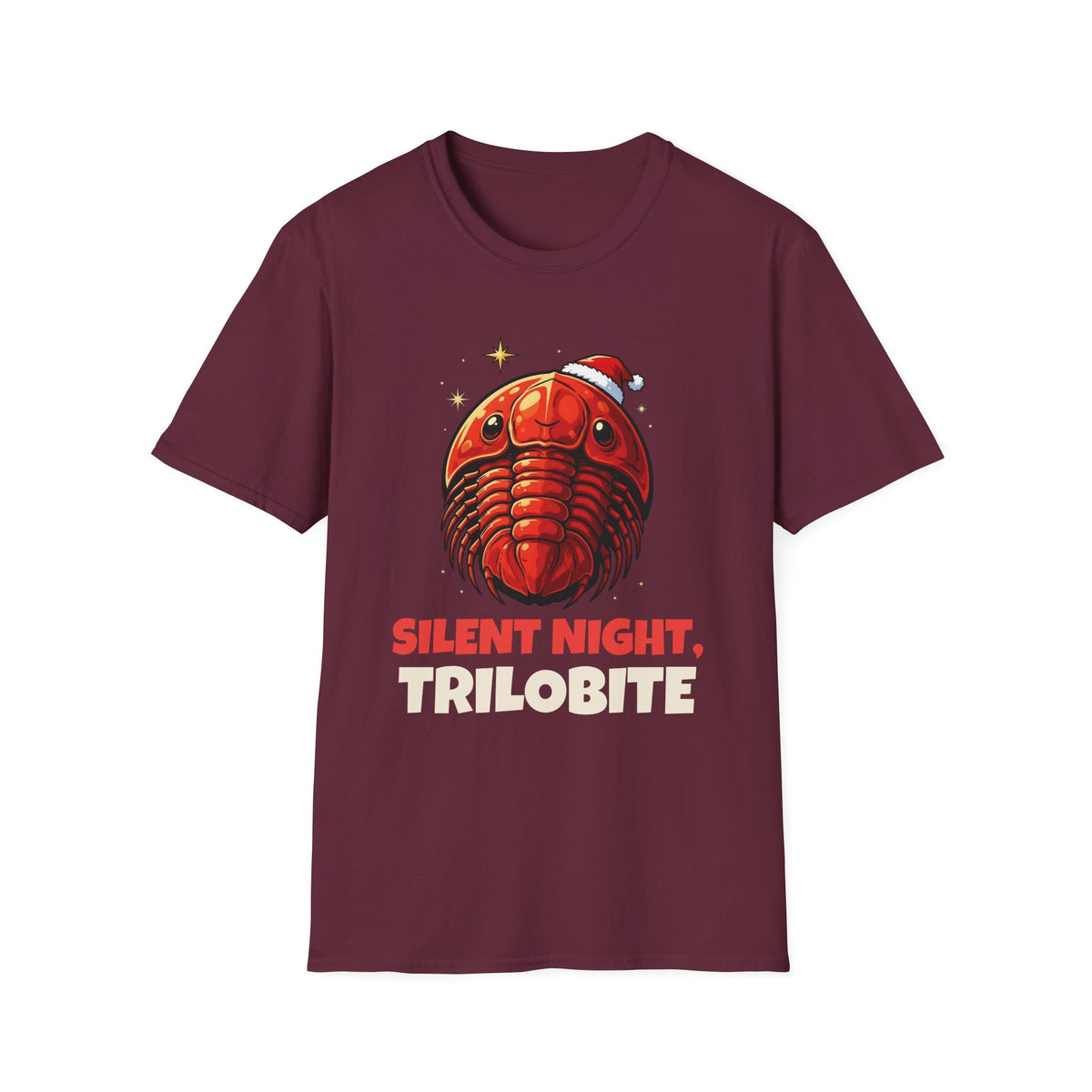 Silent Night, Trilobite Christmas t-shirt in Maroon, front view