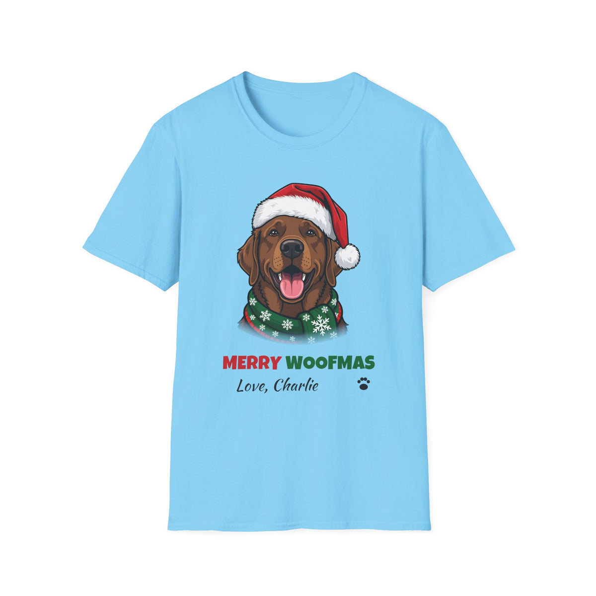 Merry Woofmas Chocolate Labrador Christmas t-shirt in Sky, front view