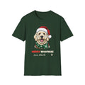 Merry Woofmas Labradoodle Christmas t-shirt in Forest Green, front view