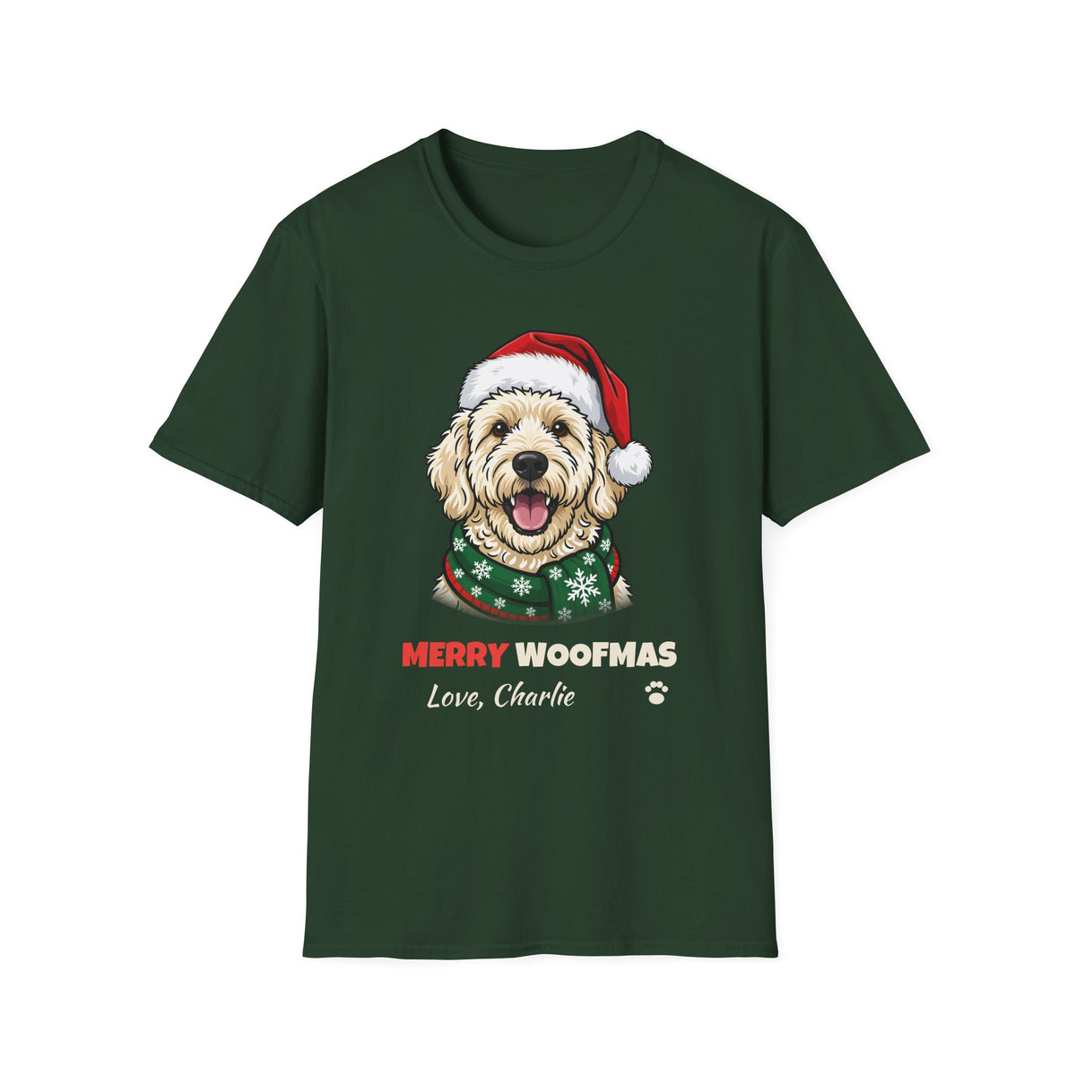 Merry Woofmas Labradoodle Christmas t-shirt in Forest Green, front view