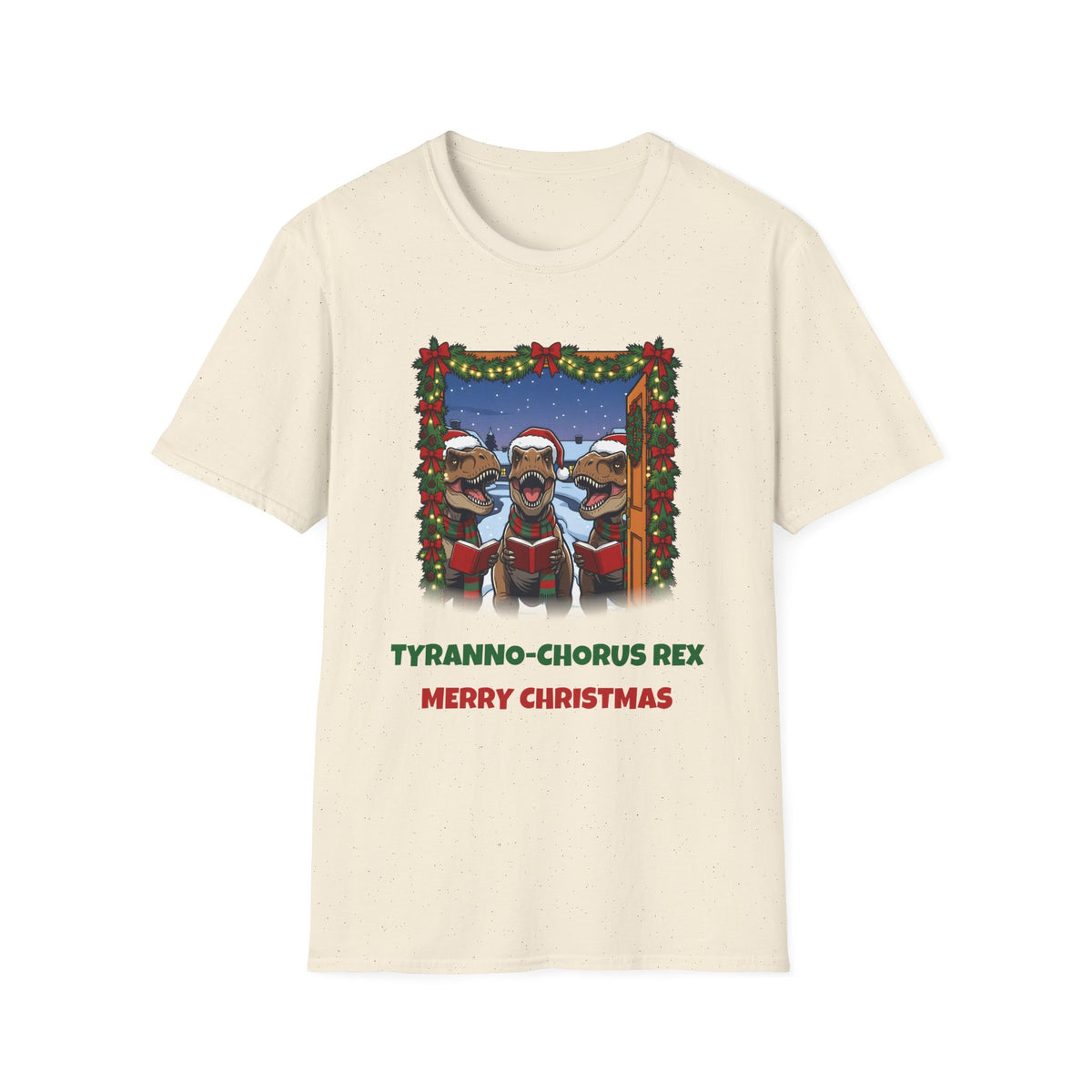 Tyranno-Chorus Rex Christmas t-shirt in Natural, front view
