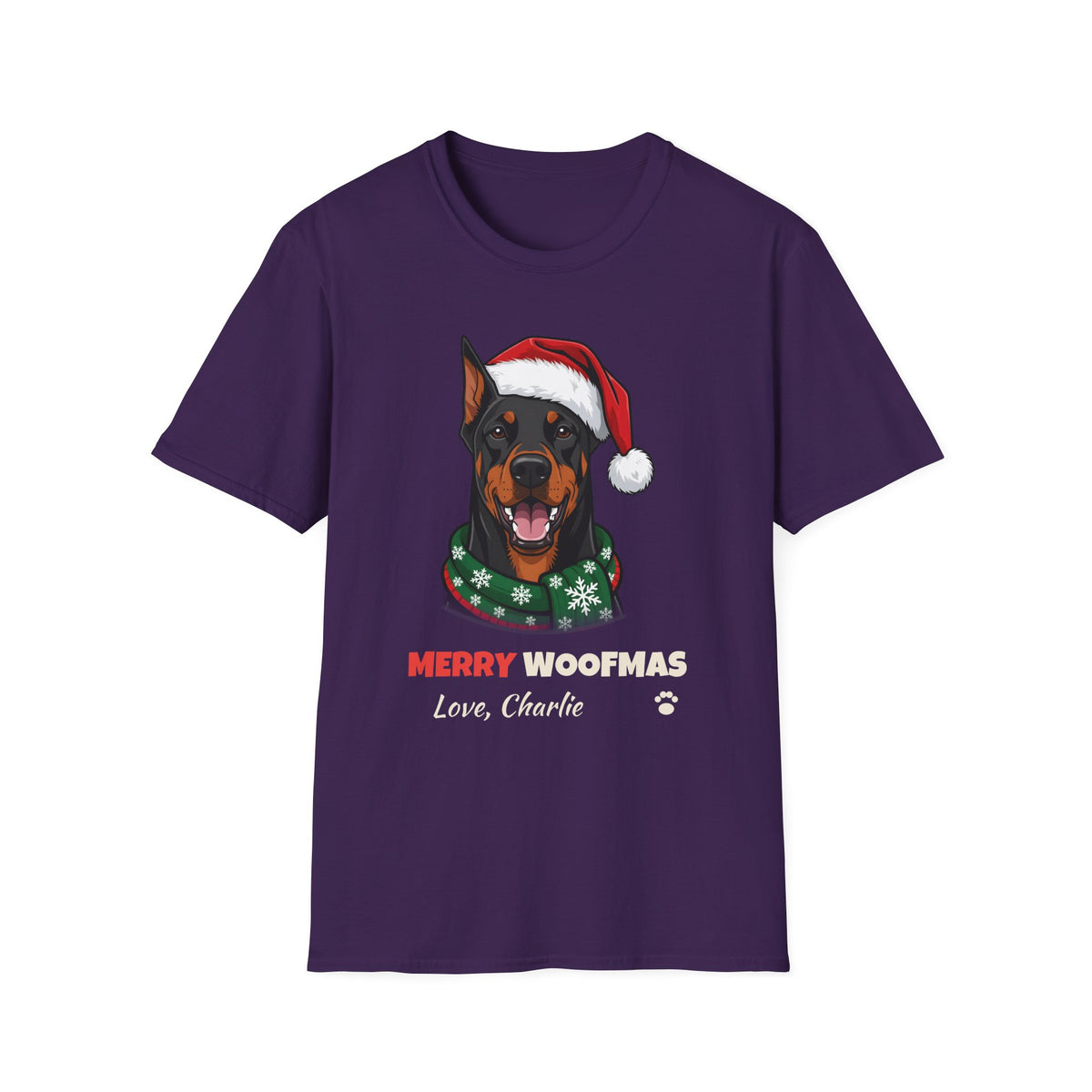Merry Woofmas Doberman Christmas t-shirt in Purple, front view