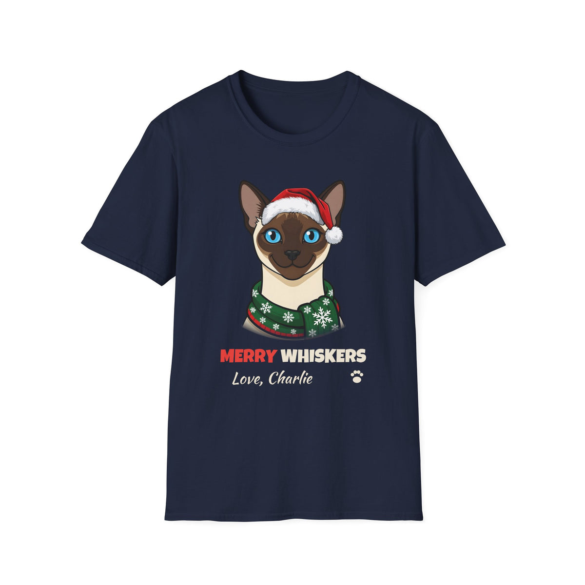 Merry Whiskers Siamese Cat Christmas t-shirt in Navy, front view