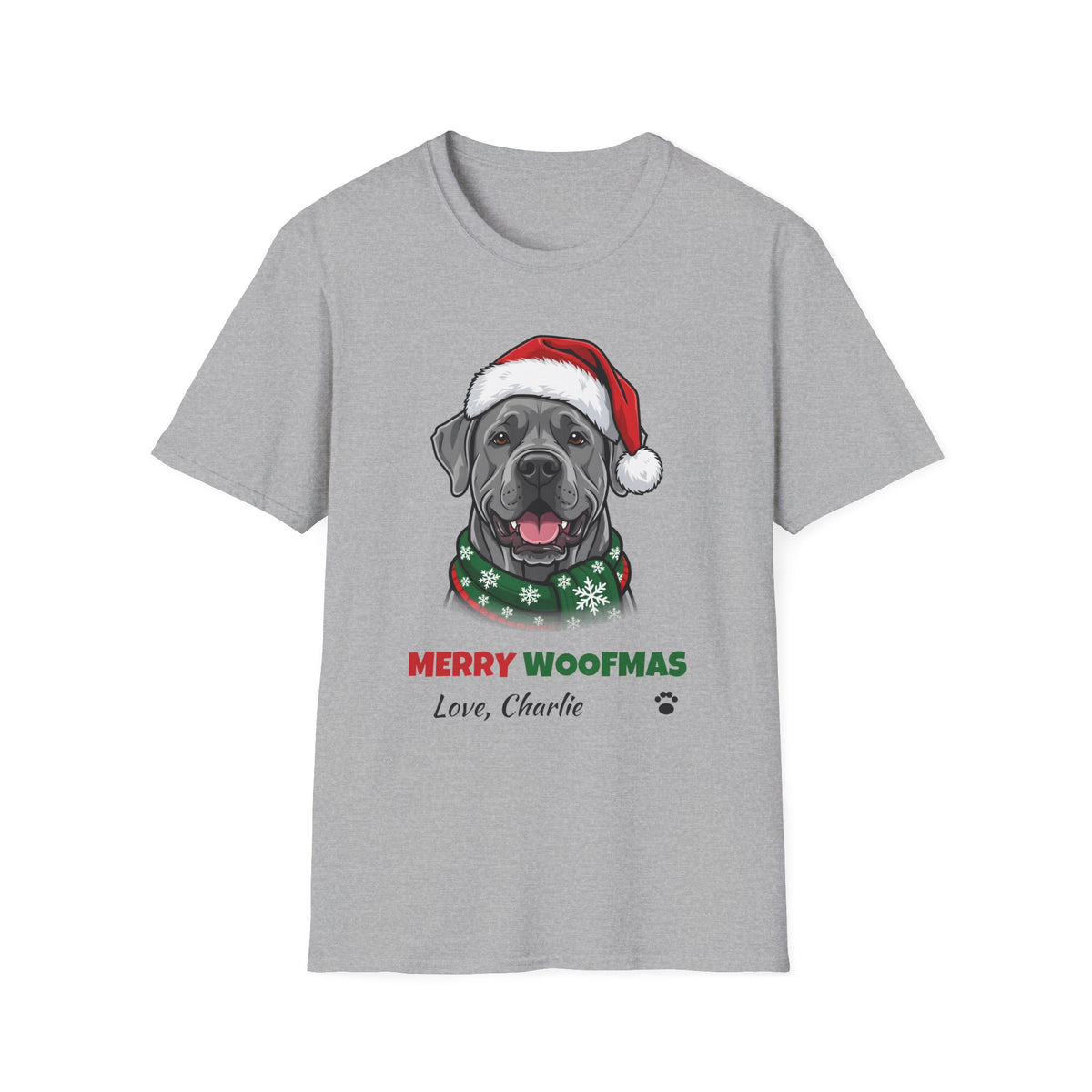 Merry Woofmas Cane Corso Christmas t-shirt in Sport Gray, front view