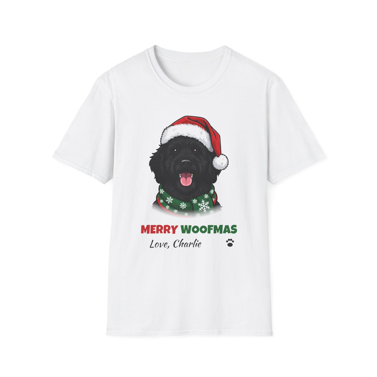 Merry Woofmas Black Goldendoodle Christmas t-shirt in White, front view