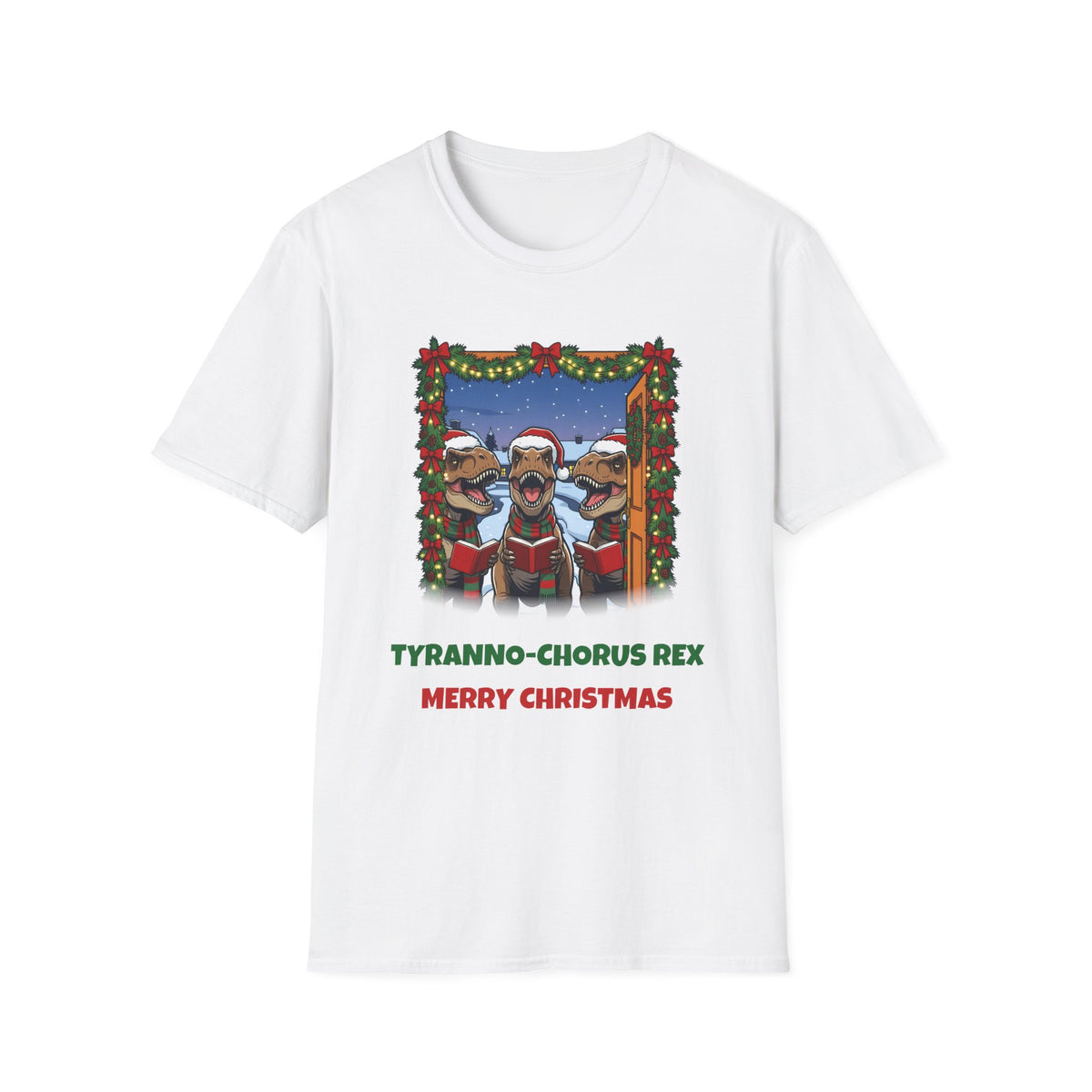 Tyranno-Chorus Rex Christmas t-shirt in White, front view
