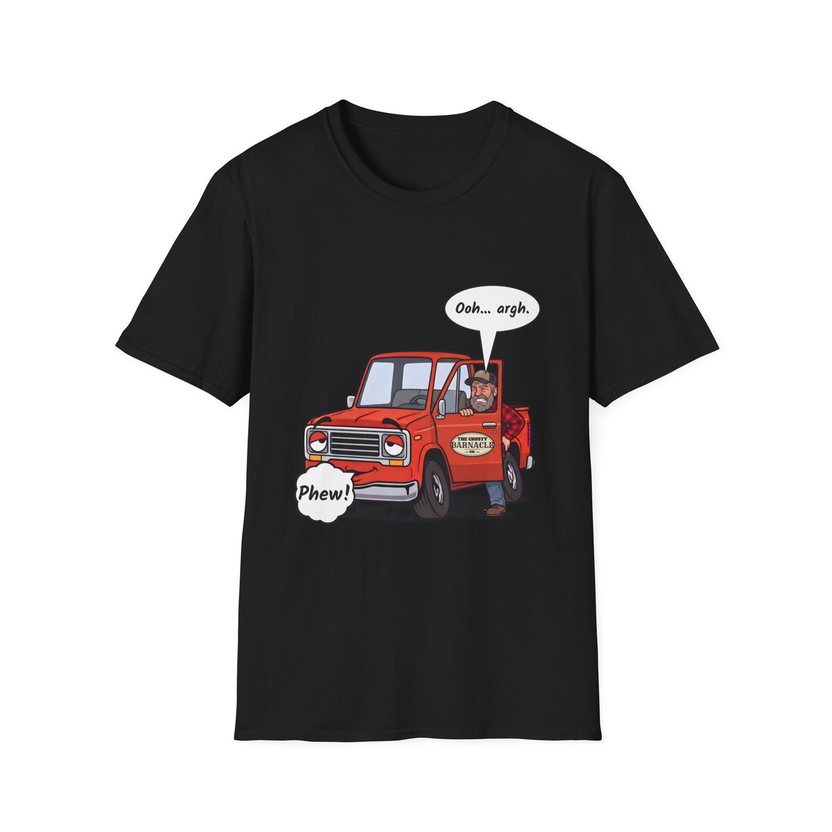 Tired Truck Phew t-shirt in Black, front view