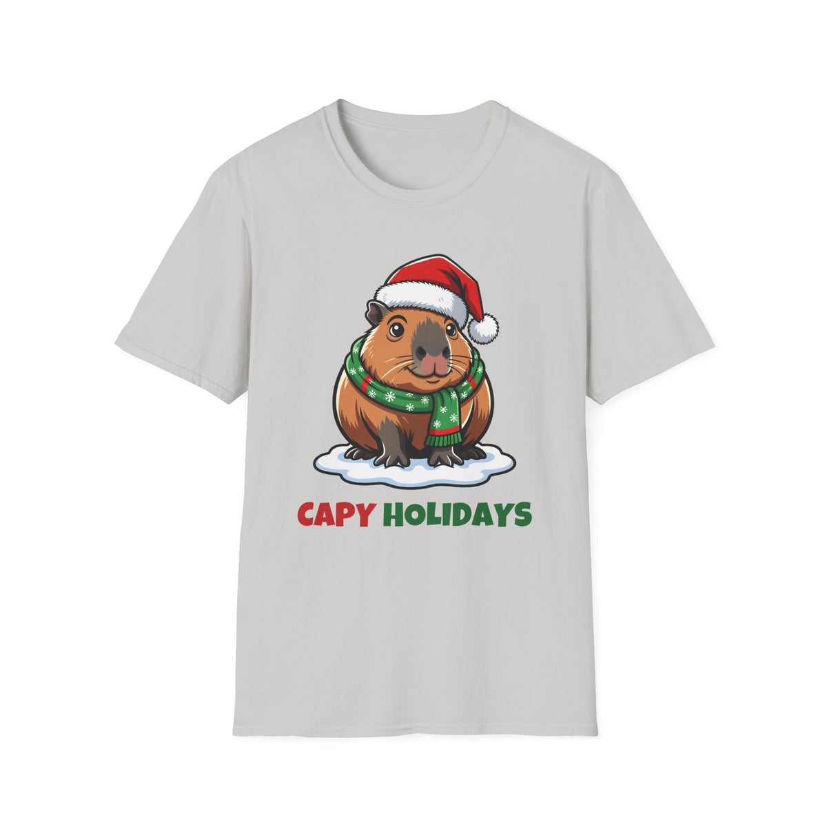 Capy Holidays Christmas t-shirt in Ice Gray, front view