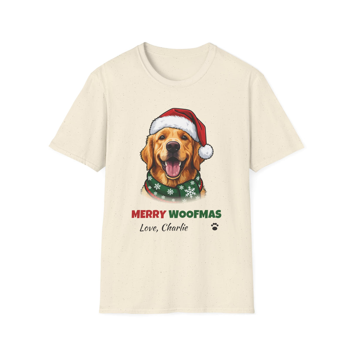 Merry Woofmas Golden Retriever Christmas t-shirt in Natural, front view