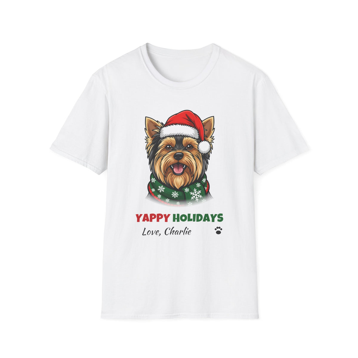 Yappy Holidays Yorkshire Terrier Christmas t-shirt in White, front view