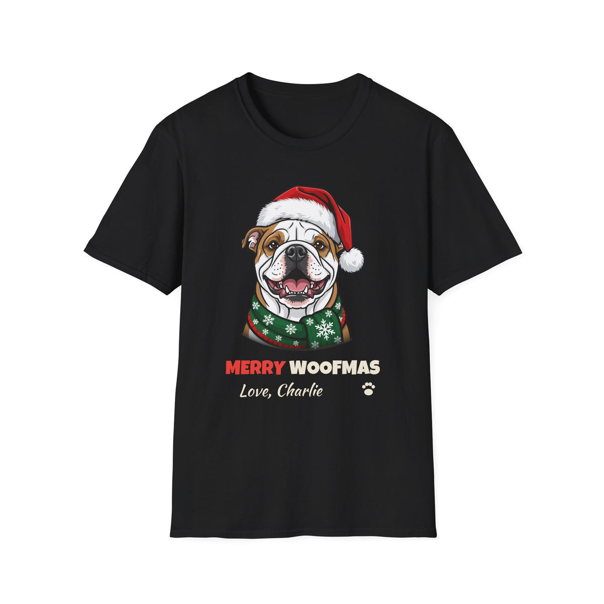 Merry Woofmas Bulldog Christmas t-shirt in Black, front view