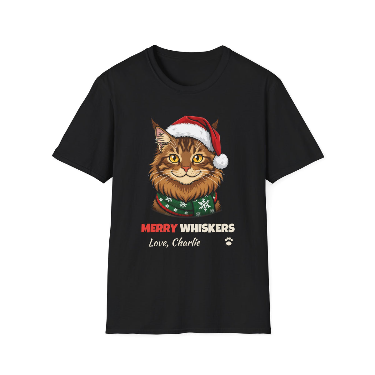 Merry Whiskers Maine Coon Cat Christmas t-shirt in Black, front view