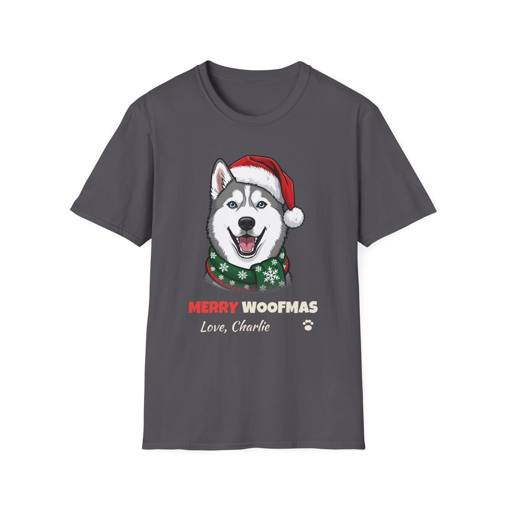 Merry Woofmas Siberian Husky Christmas t-shirt in Charcoal, front view
