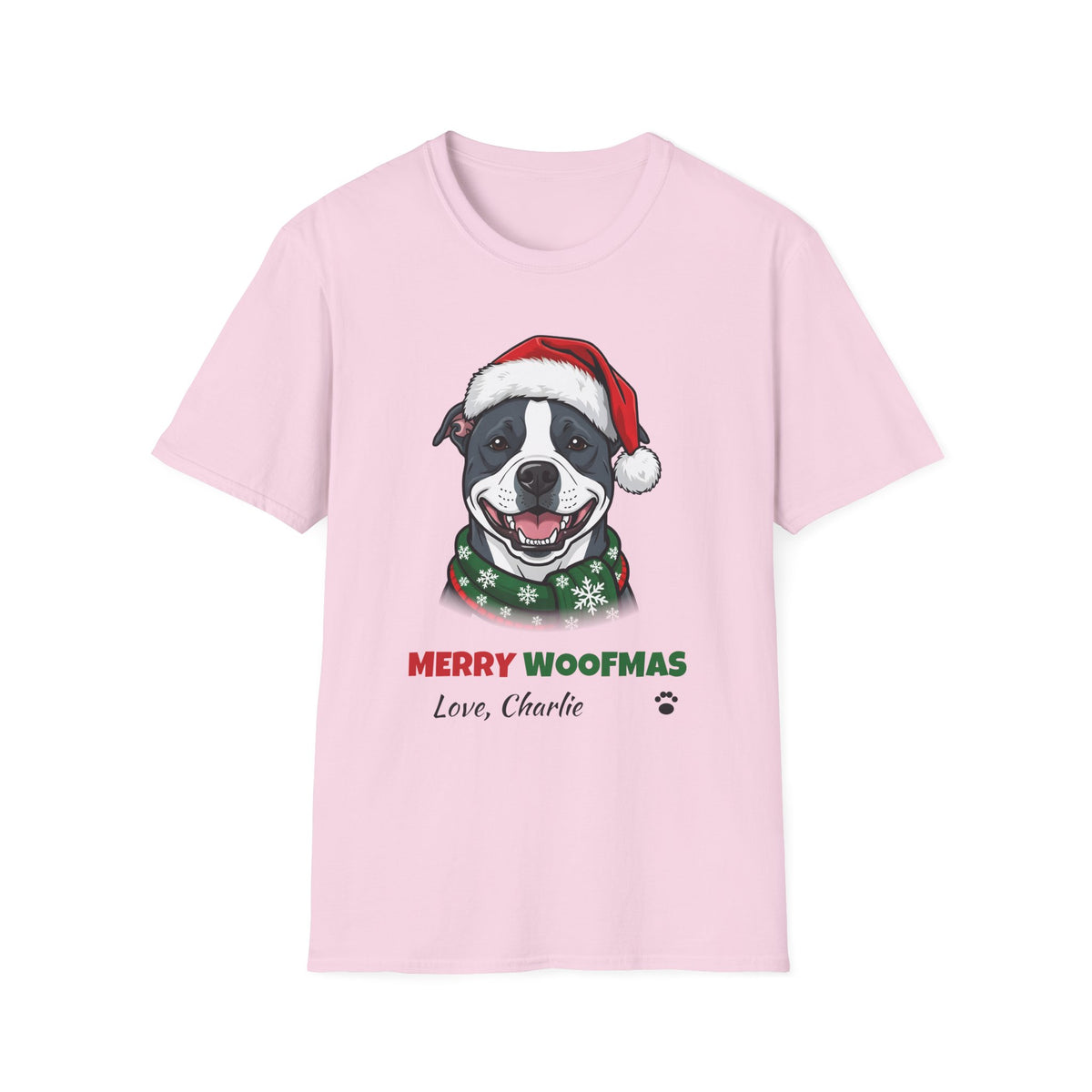 Merry Woofmas Blue Pit Bull Christmas t-shirt in Light Pink, front view