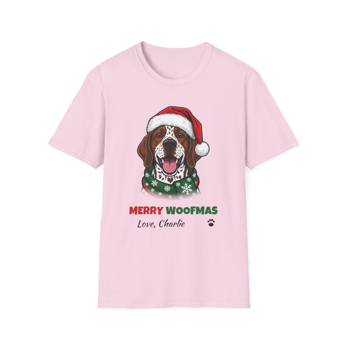 Merry Woofmas German Shorthaired Pointer Christmas t-shirt in Light Pink, front view