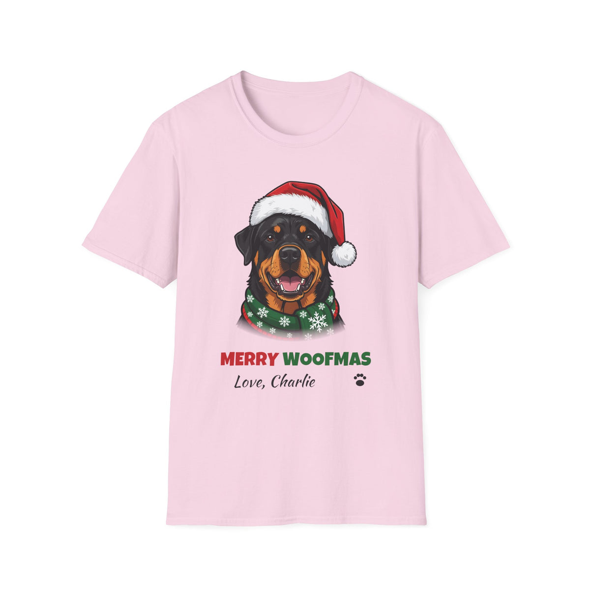 Merry Woofmas Rottweiler Christmas t-shirt in Light Pink, front view