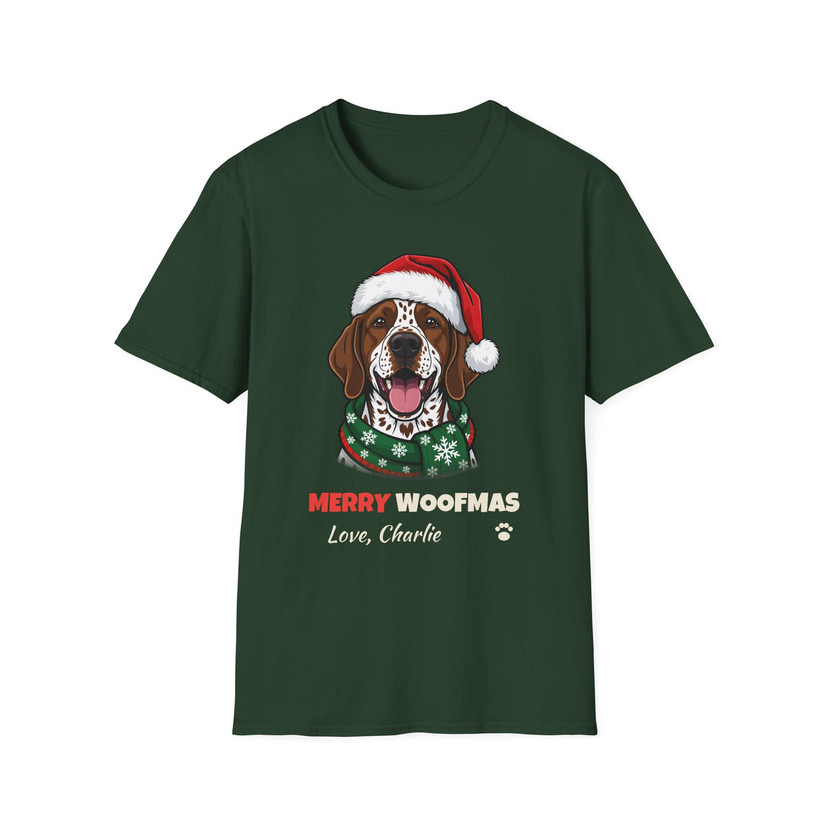 Merry Woofmas German Shorthaired Pointer Christmas t-shirt in Forest Green, front view