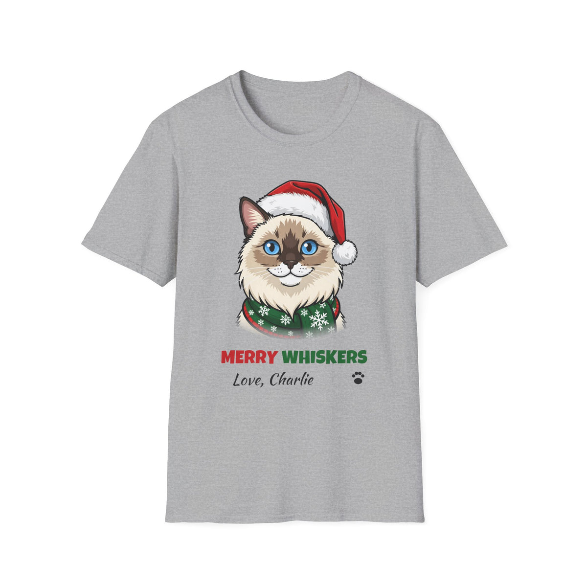 Merry Whiskers Ragdoll Cat Christmas t-shirt in Sport Gray, front view