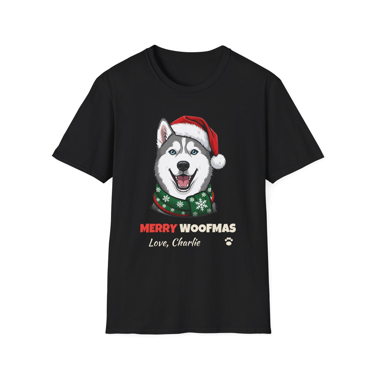 Merry Woofmas Siberian Husky Christmas t-shirt in Black, front view