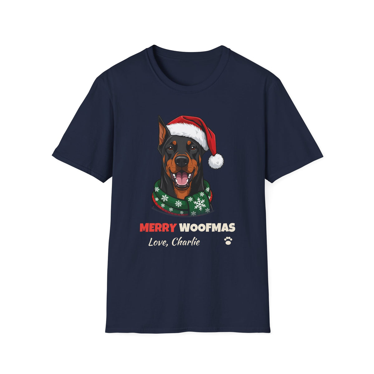 Merry Woofmas Doberman Christmas t-shirt in Navy, front view
