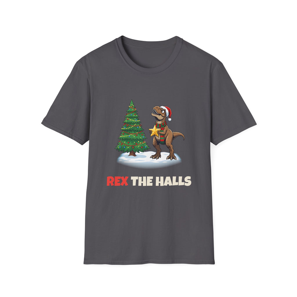 Rex the Halls Christmas t-shirt in Charcoal, front view