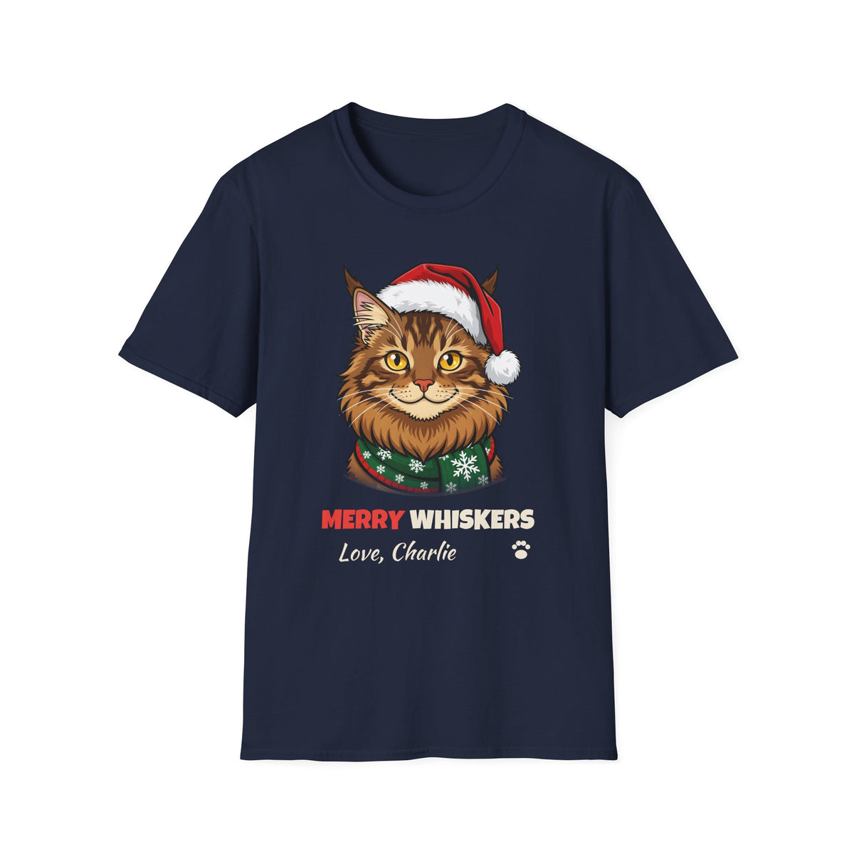 Merry Whiskers Maine Coon Cat Christmas t-shirt in Navy, front view