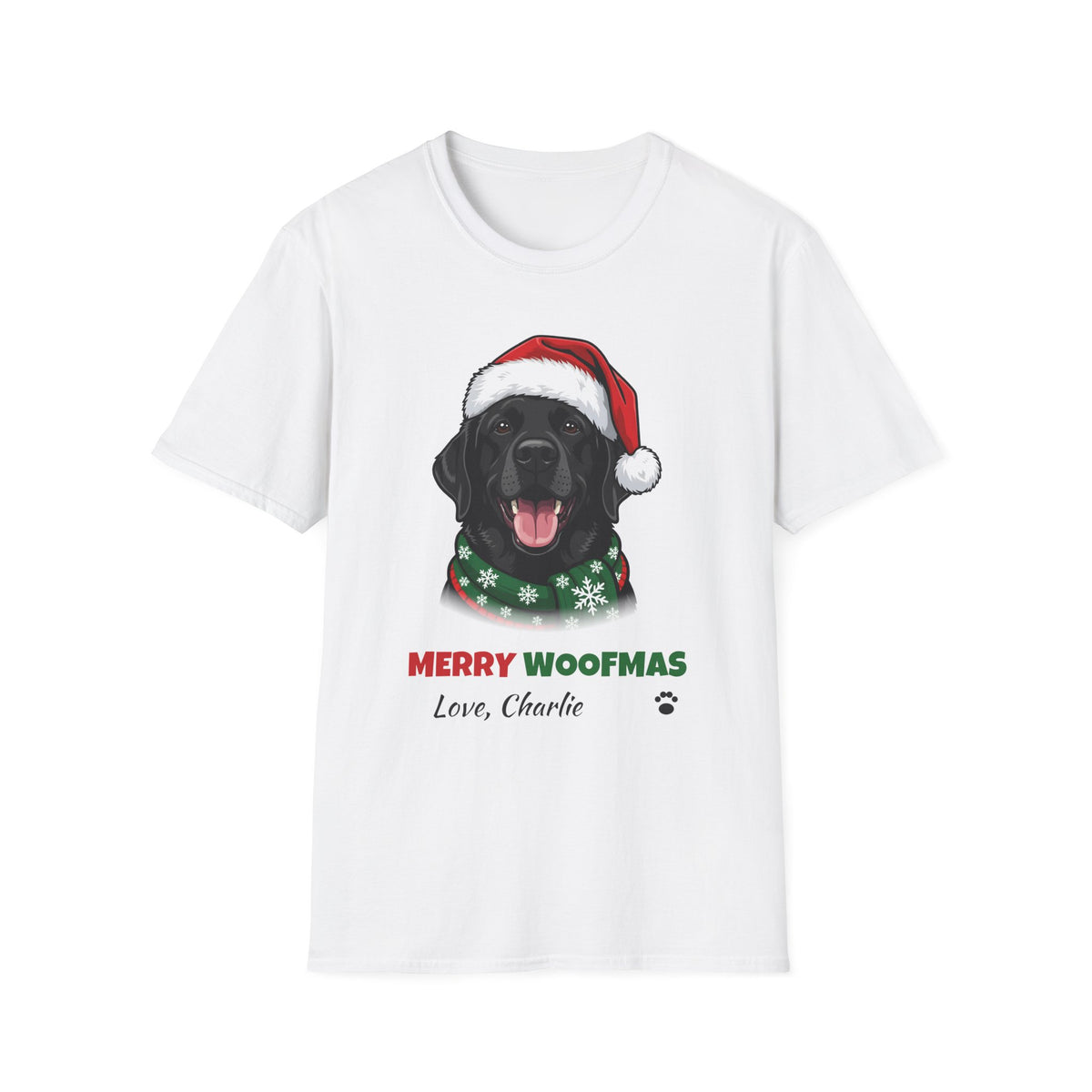 Merry Woofmas Black Labrador Christmas t-shirt in White, front view