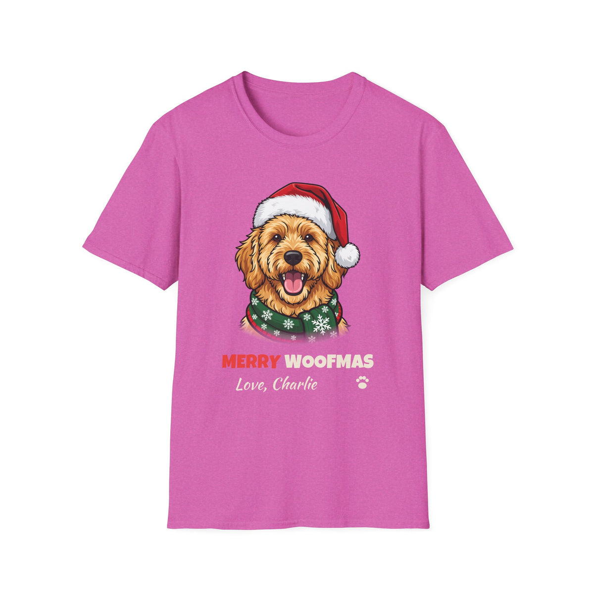 Merry Woofmas Goldendoodle Christmas t-shirt in Heather Berry, front view