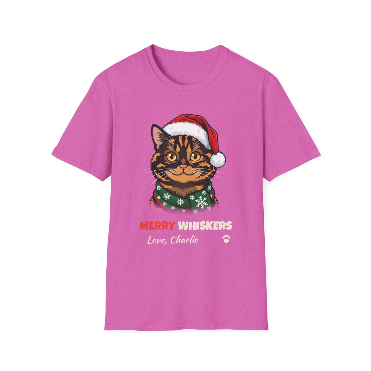 Merry Whiskers Tortoiseshell Cat Christmas t-shirt in Heather Berry, front view