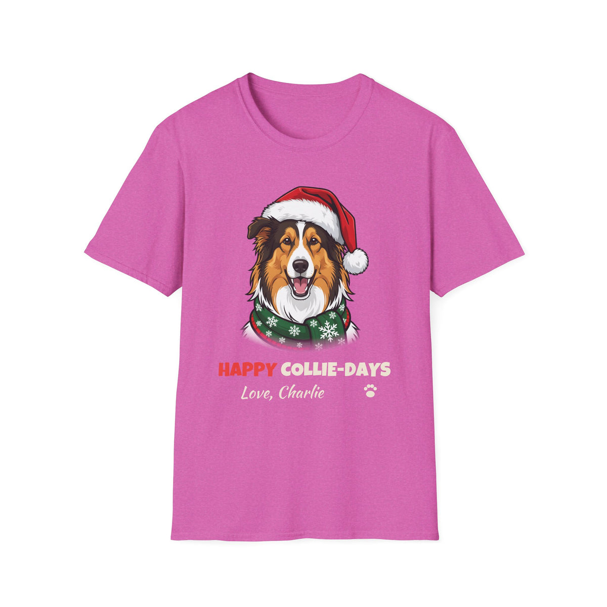 Happy Collie-Days Rough Collie Christmas t-shirt in Heather Berry, front view
