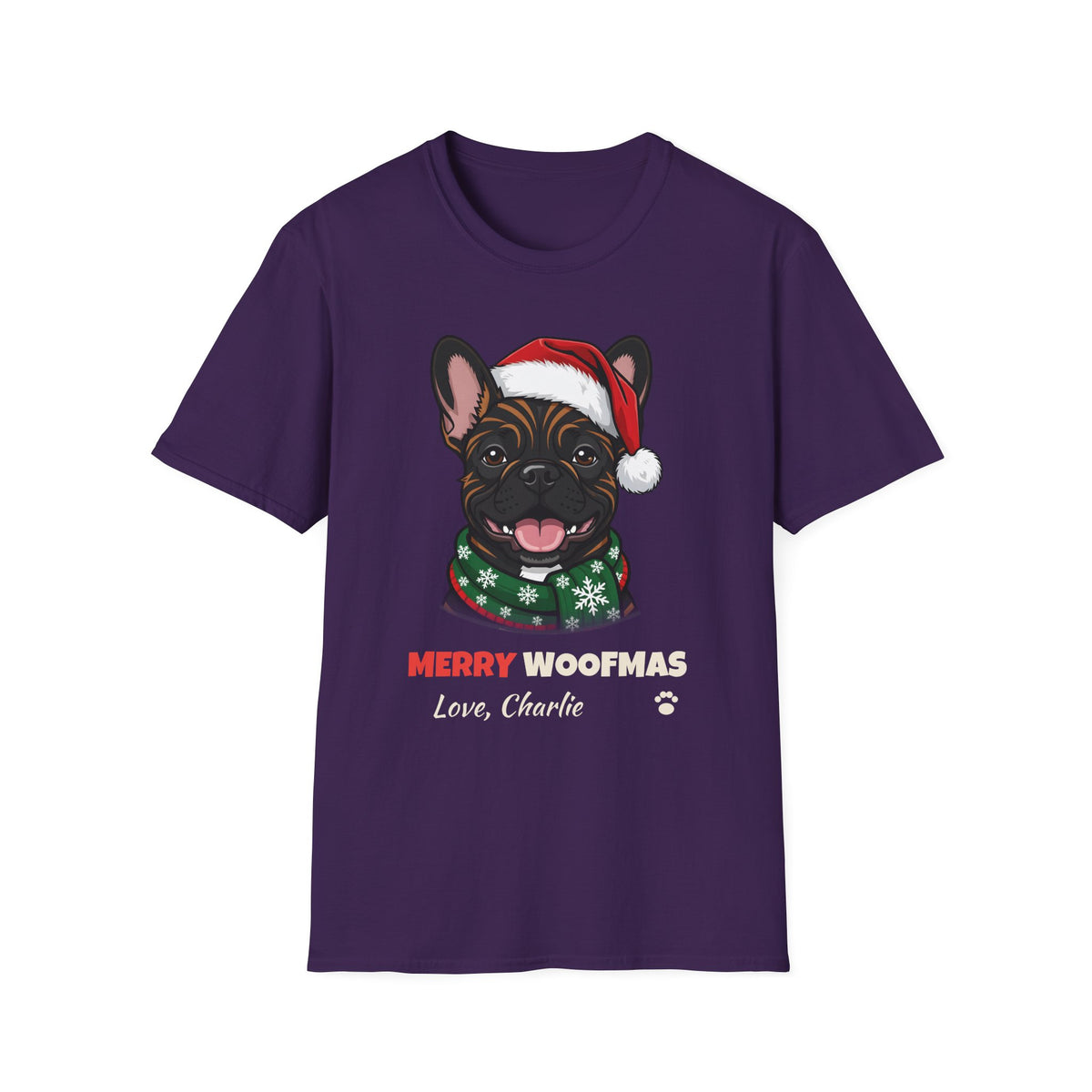 Merry Woofmas Brindle French Bulldog Christmas t-shirt in Purple, front view