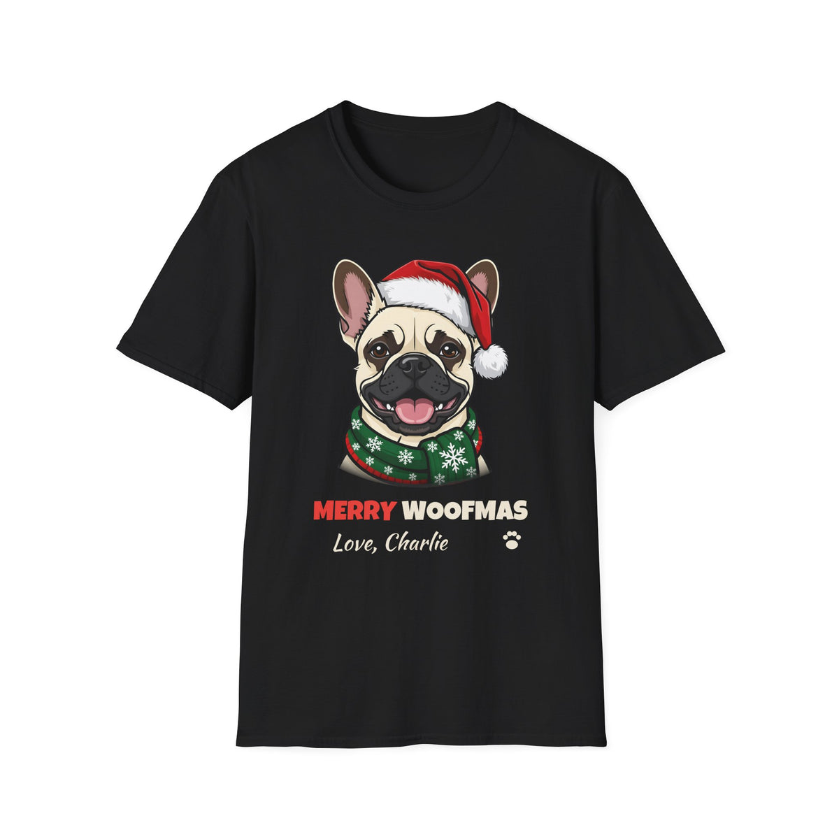Merry Woofmas Cream French Bulldog Christmas t-shirt in Black, front view