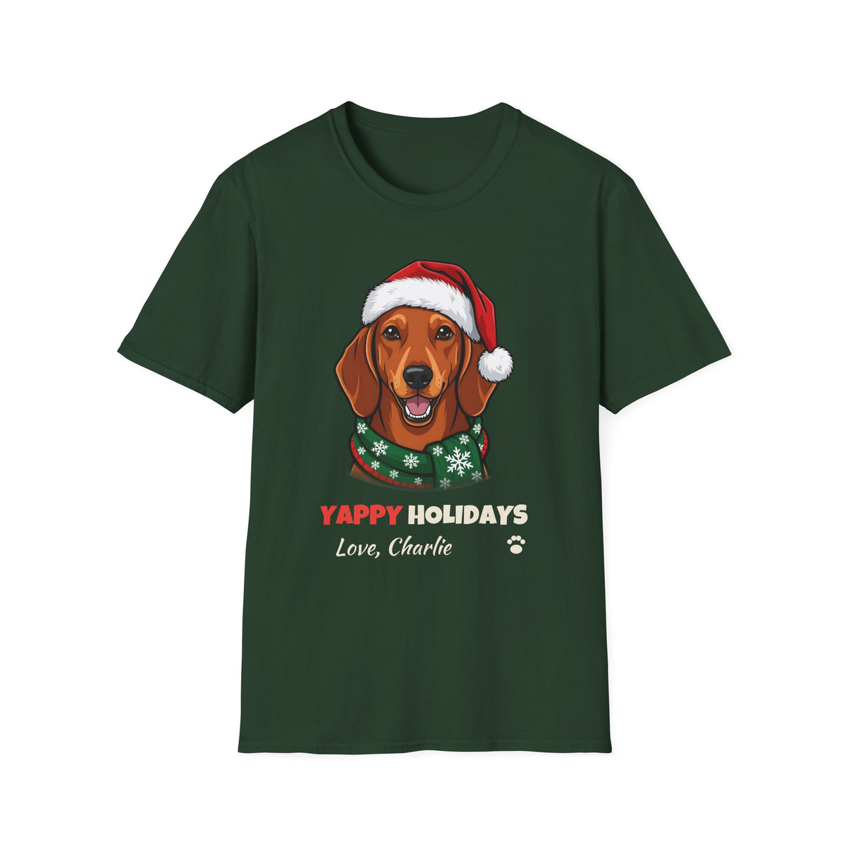 Yappy Holidays Dachshund Christmas t-shirt in Forest Green, front view